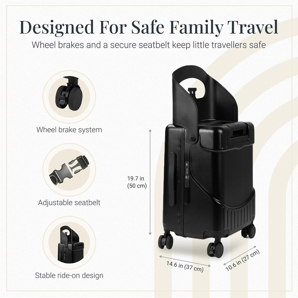 RAINRO & CO Obsidian Black 20' Ride-On Suitcase for Kids (Ages 3–5), Carry-On Luggage with Seat, Spinner Wheels, TSA Lock & Lightweight Durable Hardshell