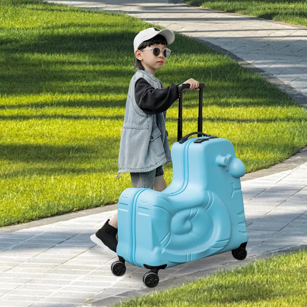 Blue 20-Inch Kids Ride-On Luggage with Spinner Wheels, Sit-On Carry-On Trolley Suitcase, Toddler Travel Trunk with Password Lock, Lightweight Cabin Case for Boys Girls, Under-Seat Size, Ride Box