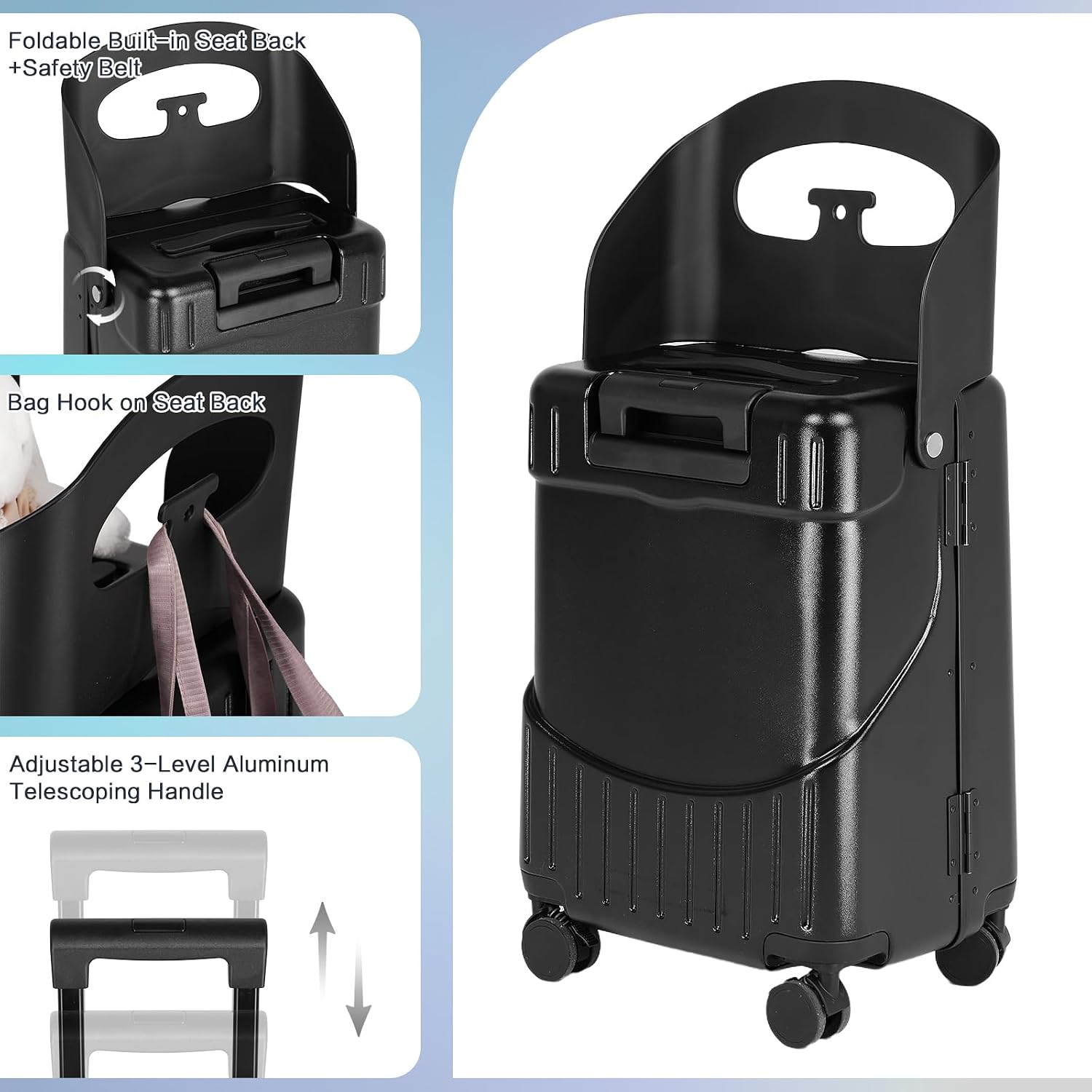smilesun 22' Carry On Luggage with Seat For Kids & Adults，Hardside Ride On Suitcase Front Opening with 360°Spinner and TSA Lock For Travel (Black with Front Open, 22')