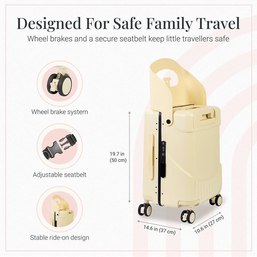RAINRO & CO Butter Beige 20' Ride-On Suitcase for Kids (Ages 3–5), Carry-On Luggage with Seat, Spinner Wheels, TSA Lock & Lightweight Durable Hardshell