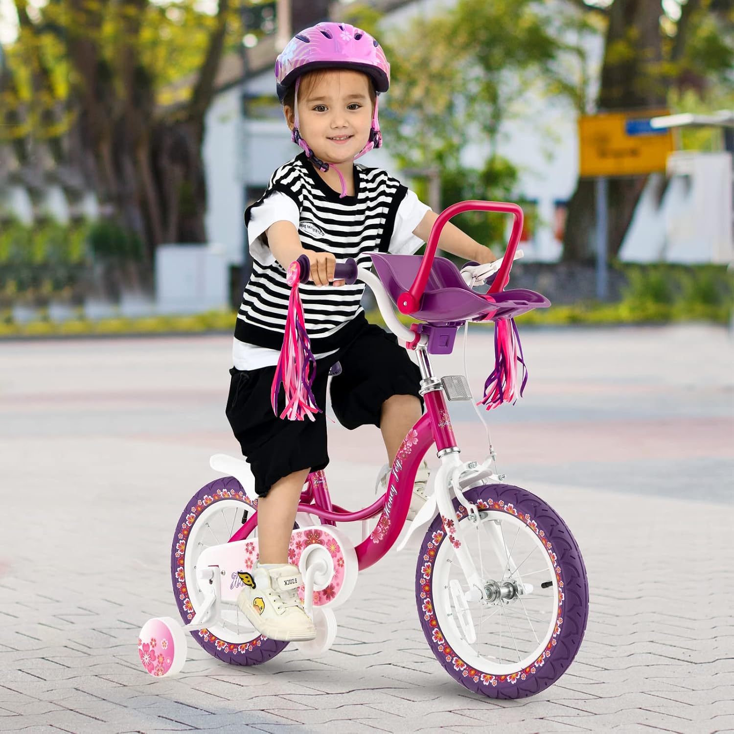 BABY JOY Kids Bike, 12 14 16 18 20 Inch Girls Bike w/Detachable Training Wheels or Kickstand, Storage Basket, Adjustable Seat & Handlebar, Bow or Streamer, Children Bicycle for 3-8 Years Old