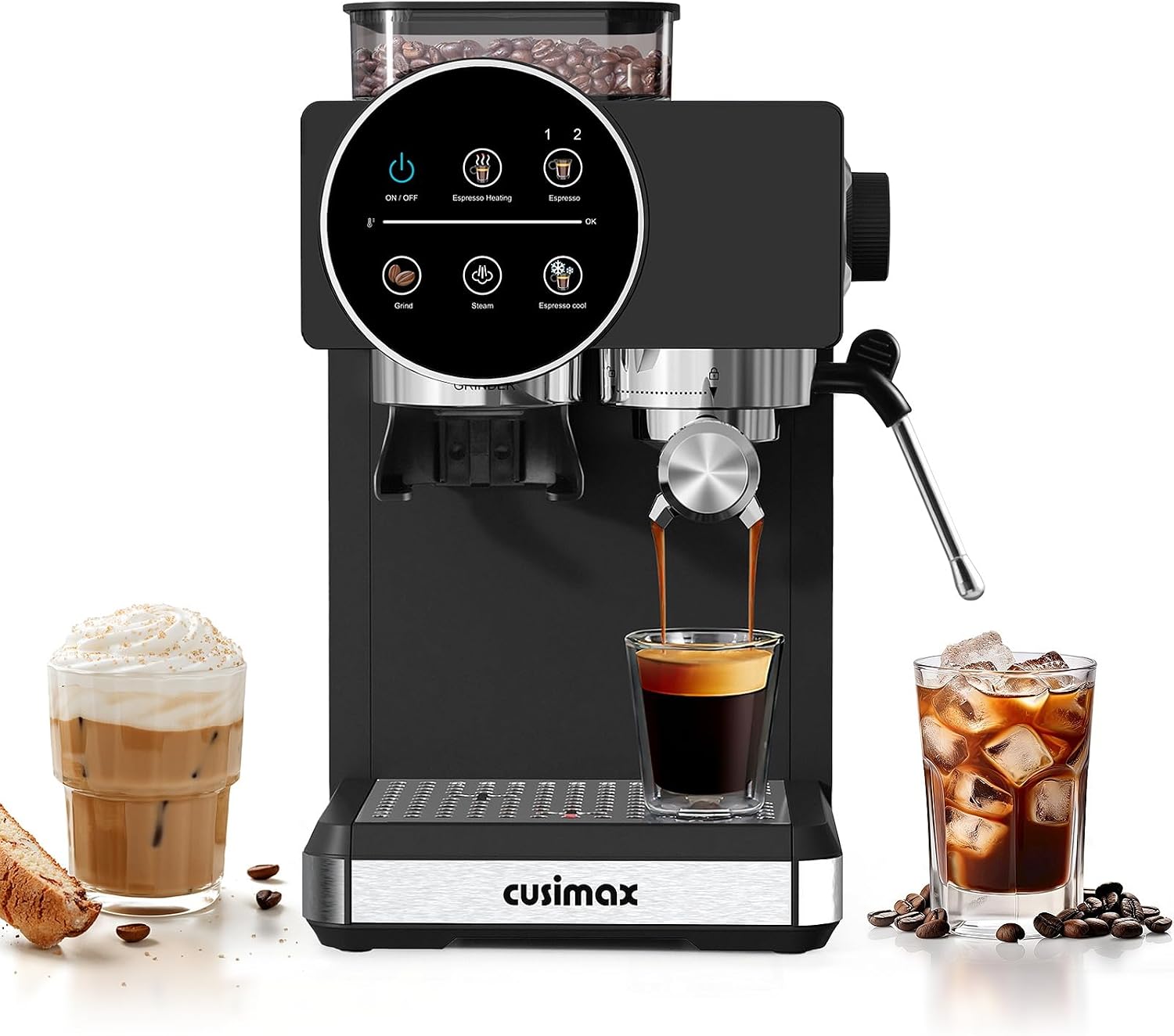 Espresso Machine with Grinder, 20 Bar Professional Expresso Coffee Machines with Milk Frother Steam Wand, Espresso Maker with 60oz Removable Water Tank, Cappuccino & Latte Machine for Home (Black)