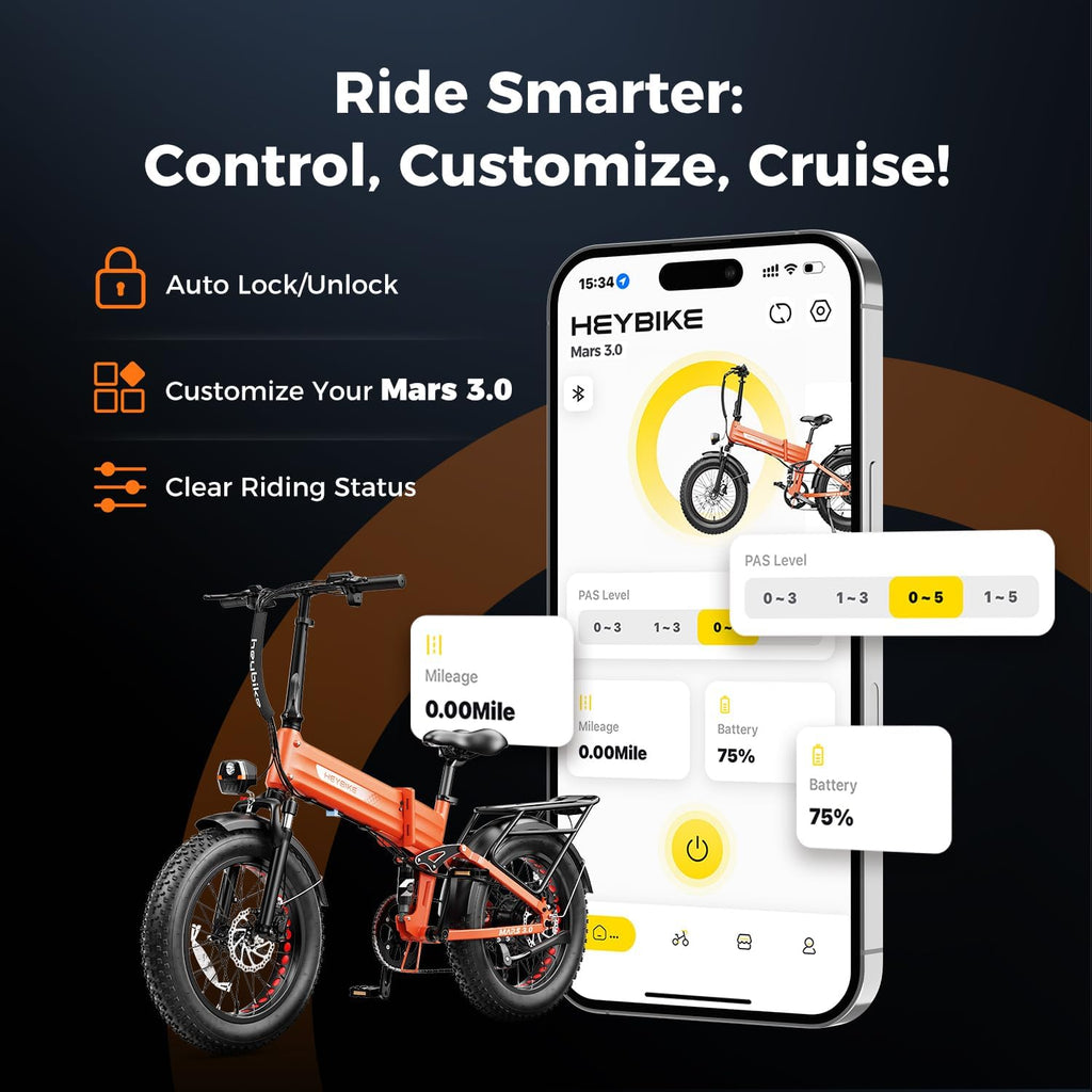 Heybike Mars 2.0/3.0 Foldable Electric Bike, UL2849 Certified, 70+Miles Long Range, 1400W/1800W Peak Motor 32MPH, 624WH Removable Battery, 20'*4 Fat Tire Ebike for Snow, Commute, Full Suspension