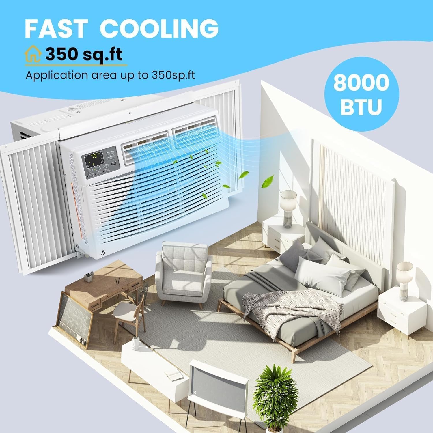 8000 BTU Window Air Conditioner Cools Up to 350 Sq. Ft., 3-In-1 WiFi Window AC Unit With Remote Control and Window Kit, Quiet Smart Room Air Conditioner for Home Office Dorms