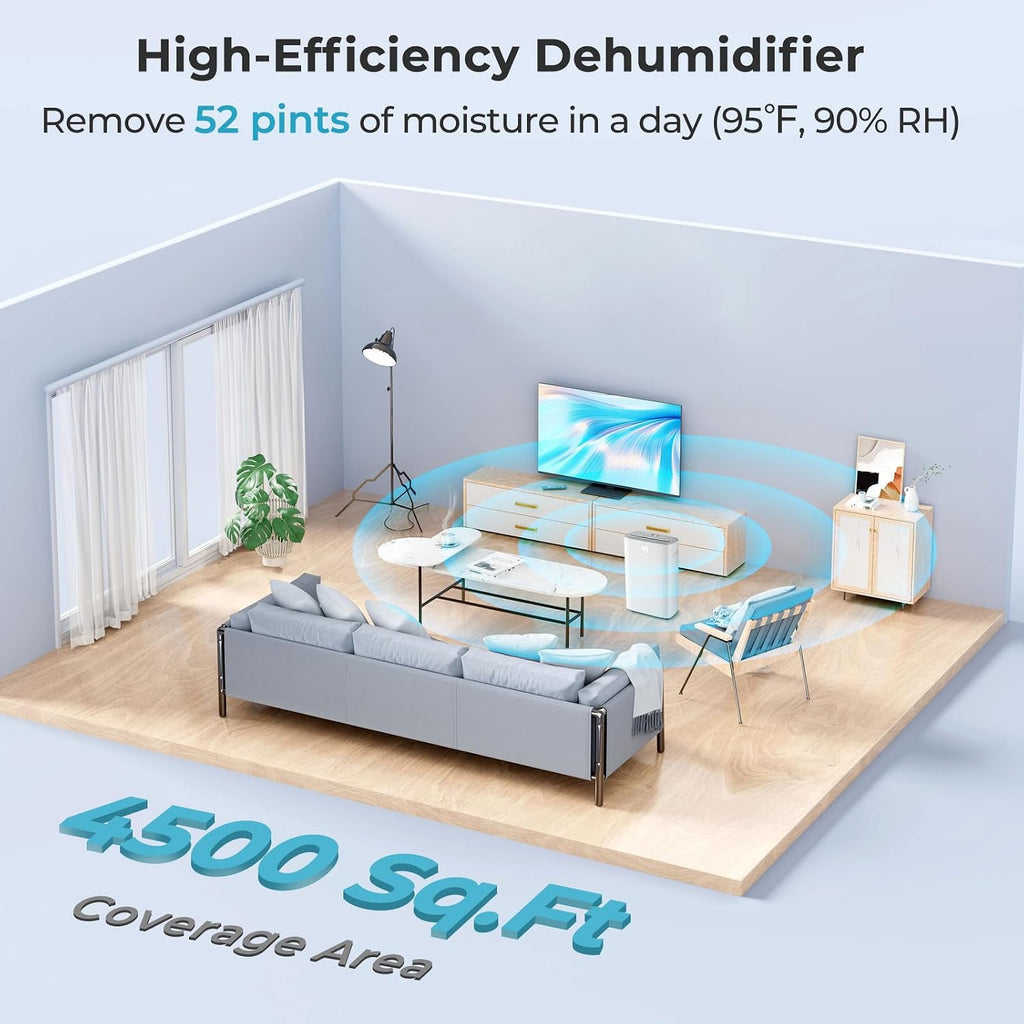 4500 Sq. Ft Dehumidifier for Basement, 52 Pint Garage Dehumidifier for Home, Bedroom & Bathroom with Drain Hose, Smart Humidity Control & Display, 3 Modes, 24H Timer & Auto Defrost