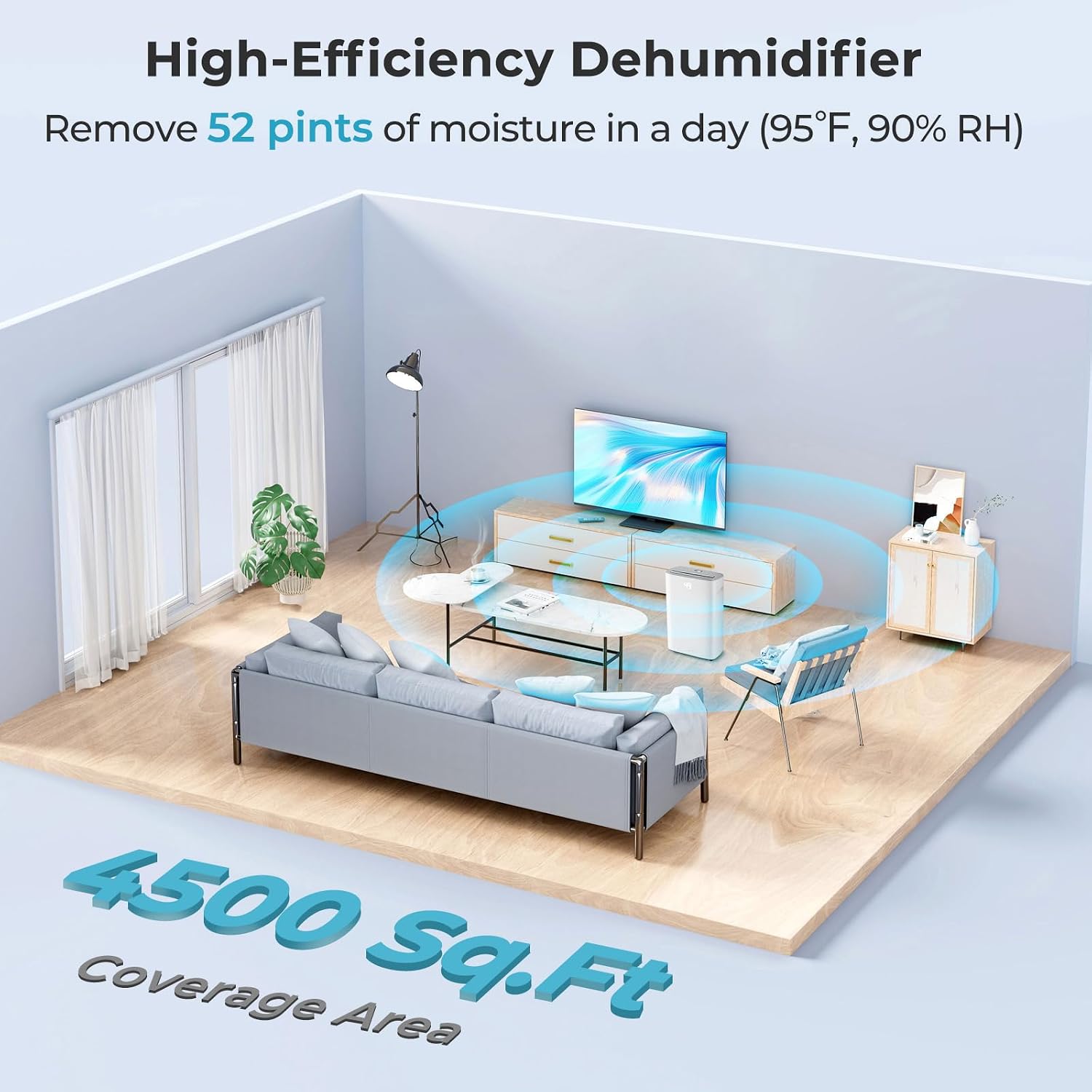 4500 Sq. Ft Dehumidifier for Basement, 52 Pint Garage Dehumidifier for Home, Bedroom & Bathroom with Drain Hose, Smart Humidity Control & Display, 3 Modes, 24H Timer & Auto Defrost