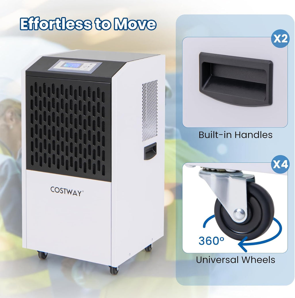 COSTWAY 250 Pints Commercial Dehumidifier with Drain Hose, Industrial Heavy Duty Dehumidifier, 24H Timer & 4 Wheels for Basement, Warehouse, Water Damage Restoration, Large Spaces up to 8,500 Sq.Ft