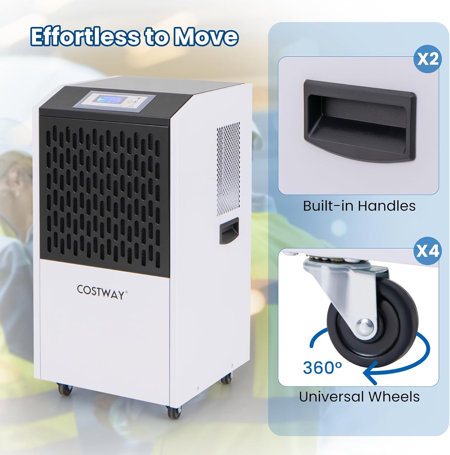 COSTWAY 250 Pints Commercial Dehumidifier with Drain Hose, Industrial Heavy Duty Dehumidifier, 24H Timer & 4 Wheels for Basement, Warehouse, Water Damage Restoration, Large Spaces up to 8,500 Sq.Ft