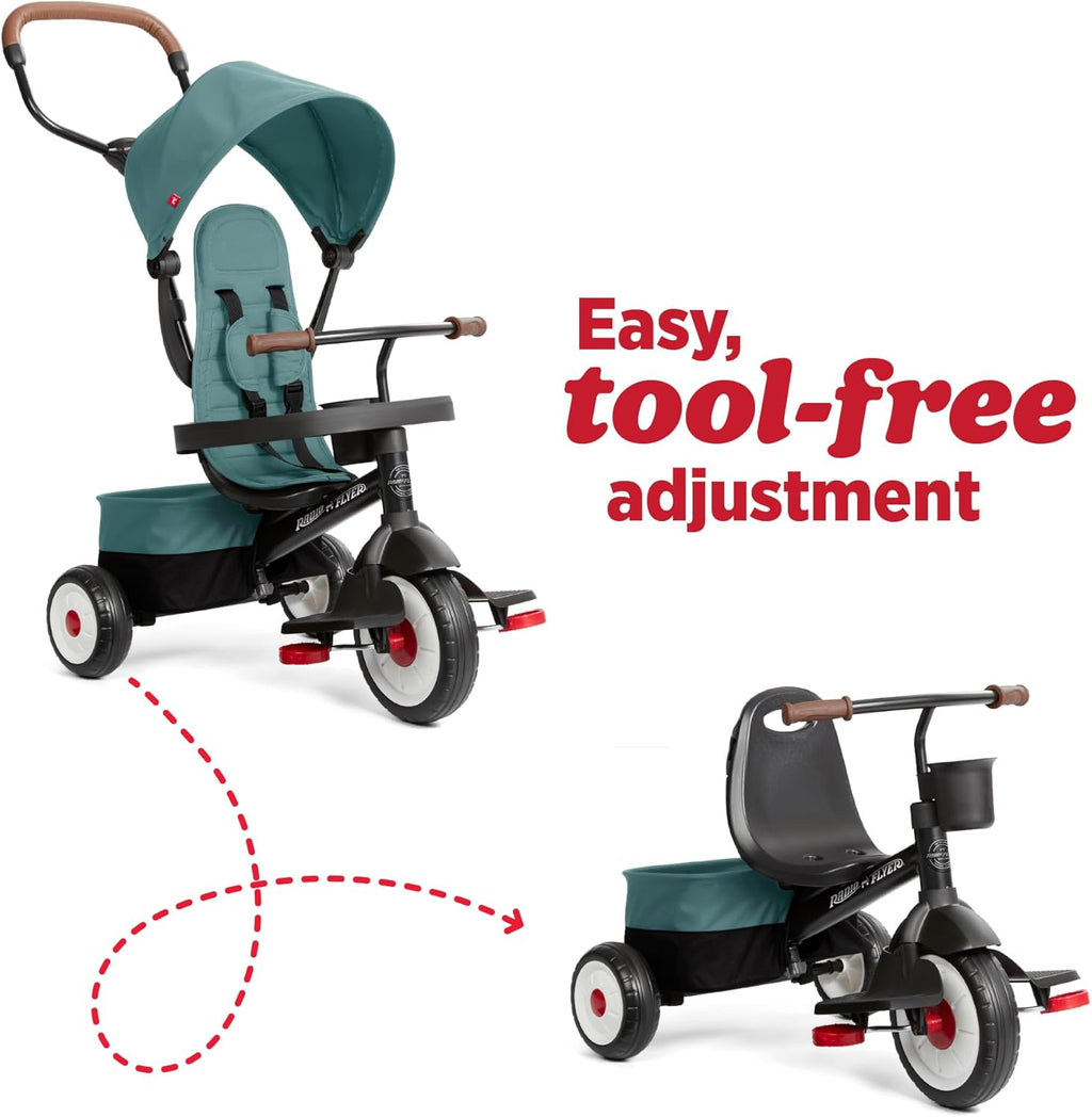 Radio Flyer City 4-in-1 Stroll 'N Trike, Teal, for Riders 1-5 Years Old, 4 Riding Modes, 3 Point Harness with Comfort Pad, Parent Controlled Steering, Rear Storage, Stroller Tricycle for Toddlers
