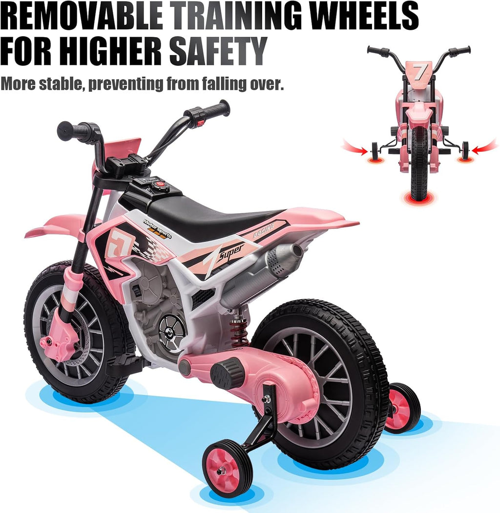 JOYLDIAS Kids Motorcycle Dirt Bike, 12V7AH Battery-Powered Ride On Motorcycle for Kids, Off-Road Street Bike w/Music, Training Wheels, Spring Suspension, High/Low Speeds, Pink