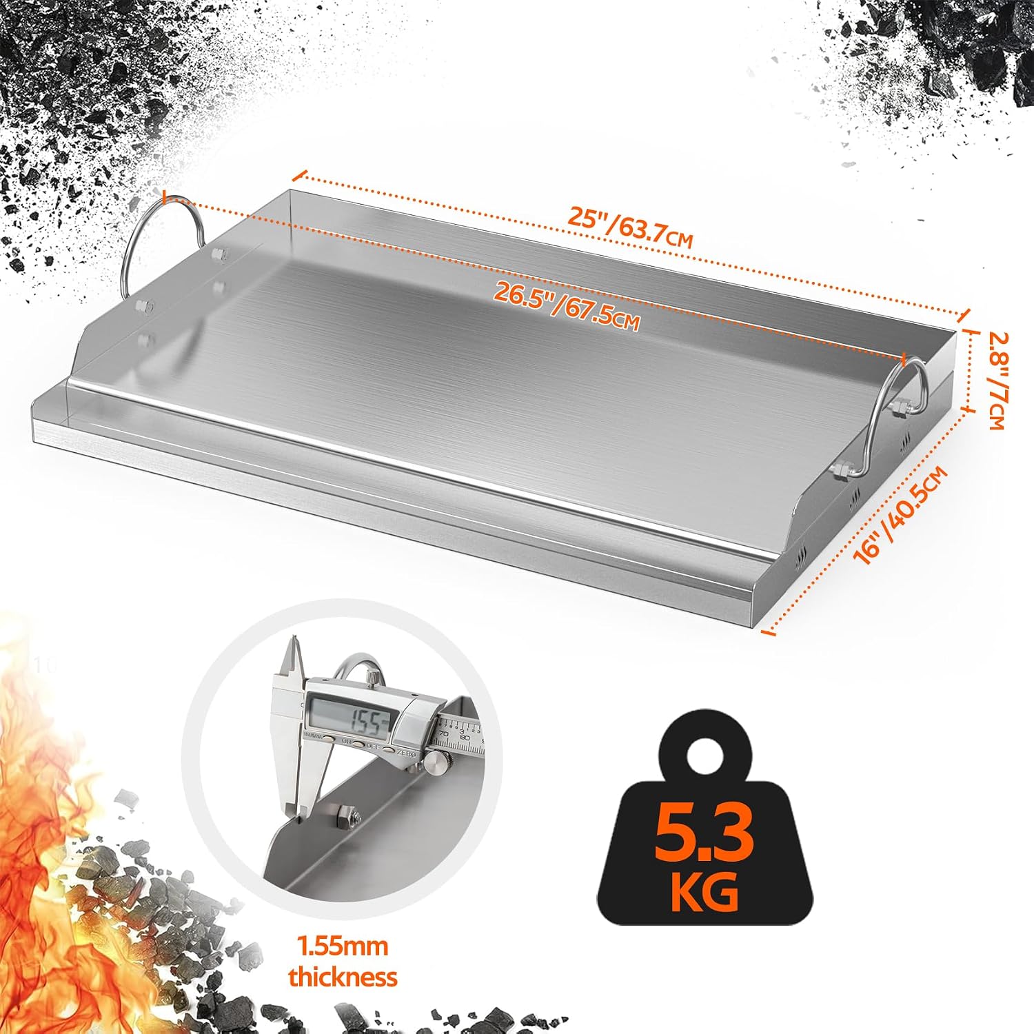 onlyfire Stainless Steel BBQ Griddle, Outdoor Flat Top Griddle Pan with Grease Groove and Handles for Gas and Charcoal Grills, 25'x16'