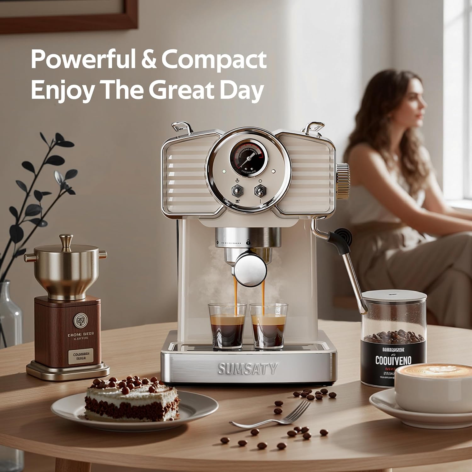 SUMSATY Espresso Machine 20 Bar, Professional Espresso Maker with Milk Frother Steamer Wand, Retro Coffee Maker Cappuccino & Latte Machine for Home, 1.8L Removable Water Tank, Off-white