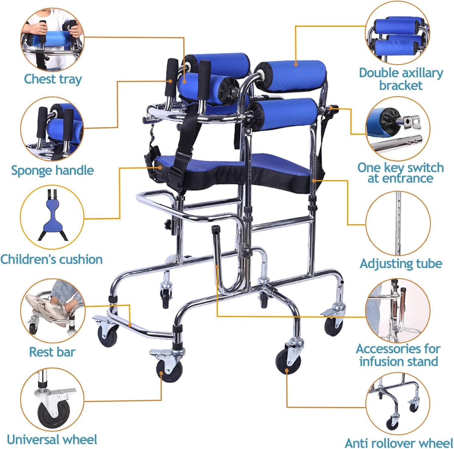 Walkers Disabled Children Cerebral Palsy Disabled Kids Walker Six Wheel Anti Tilt Foldable Belt Seat Adjustable Height Width, Disabled Auxiliary Equipment Rehabilitation Training Walking Aid