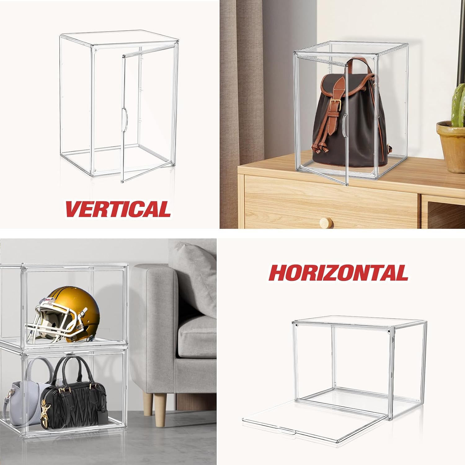 4 Pack XXX-Large Clear Purse Organizers for Closets 17.7'x13'x13' Acrylic Display Case Clear Shoes Storage Box Stackable Handbag Storage Organizers Helmet Display Cabinet Storage Bins with Lid
