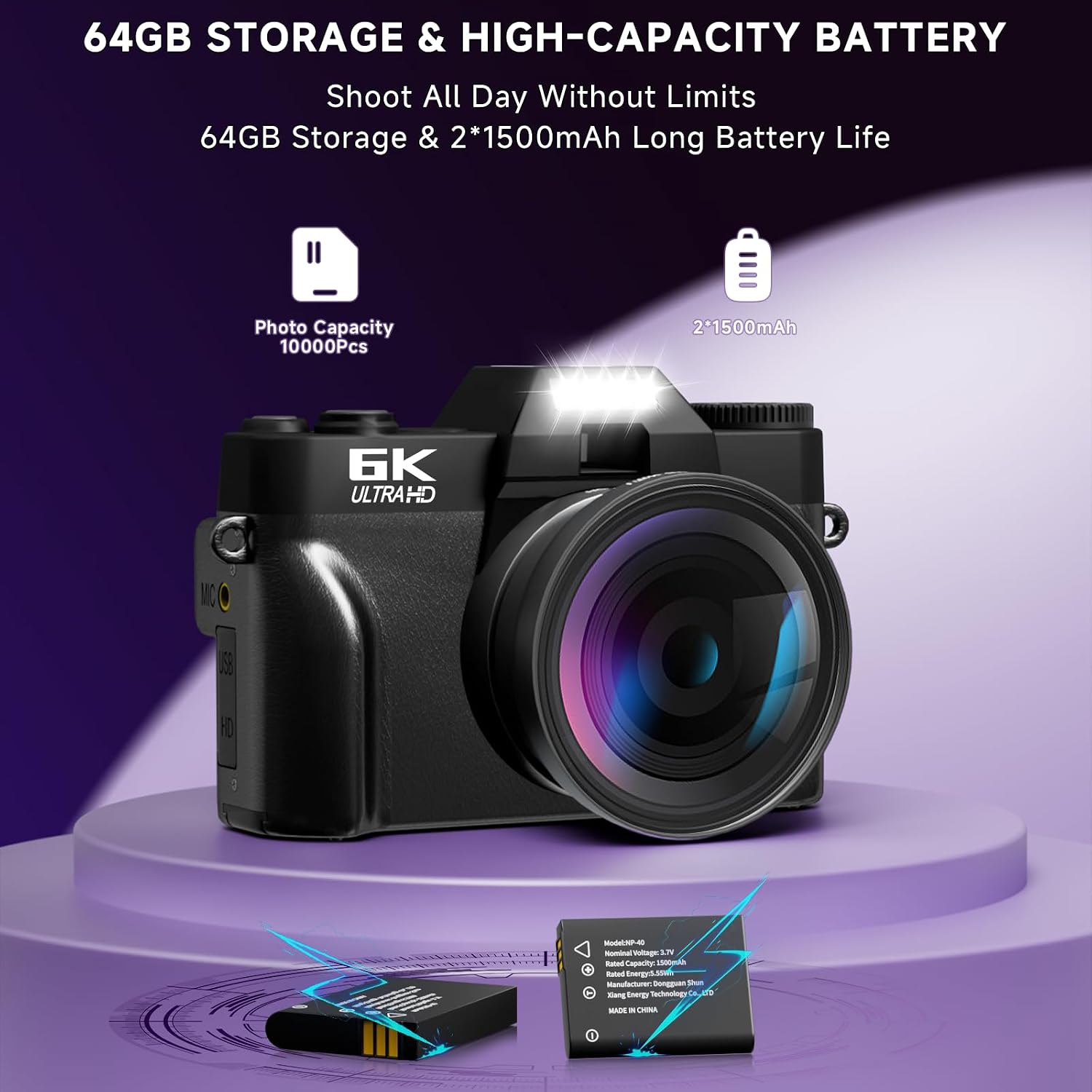 6K Digital Camera for Photography Autofocus, 2026 Upgraded 64MP WiFi Vlogging Camera for YouTube with 3' 180° Flip Screen 16X Zoom, 64GB SD Card & 2 Batteries Compact Travel Camera for Beginners Teens