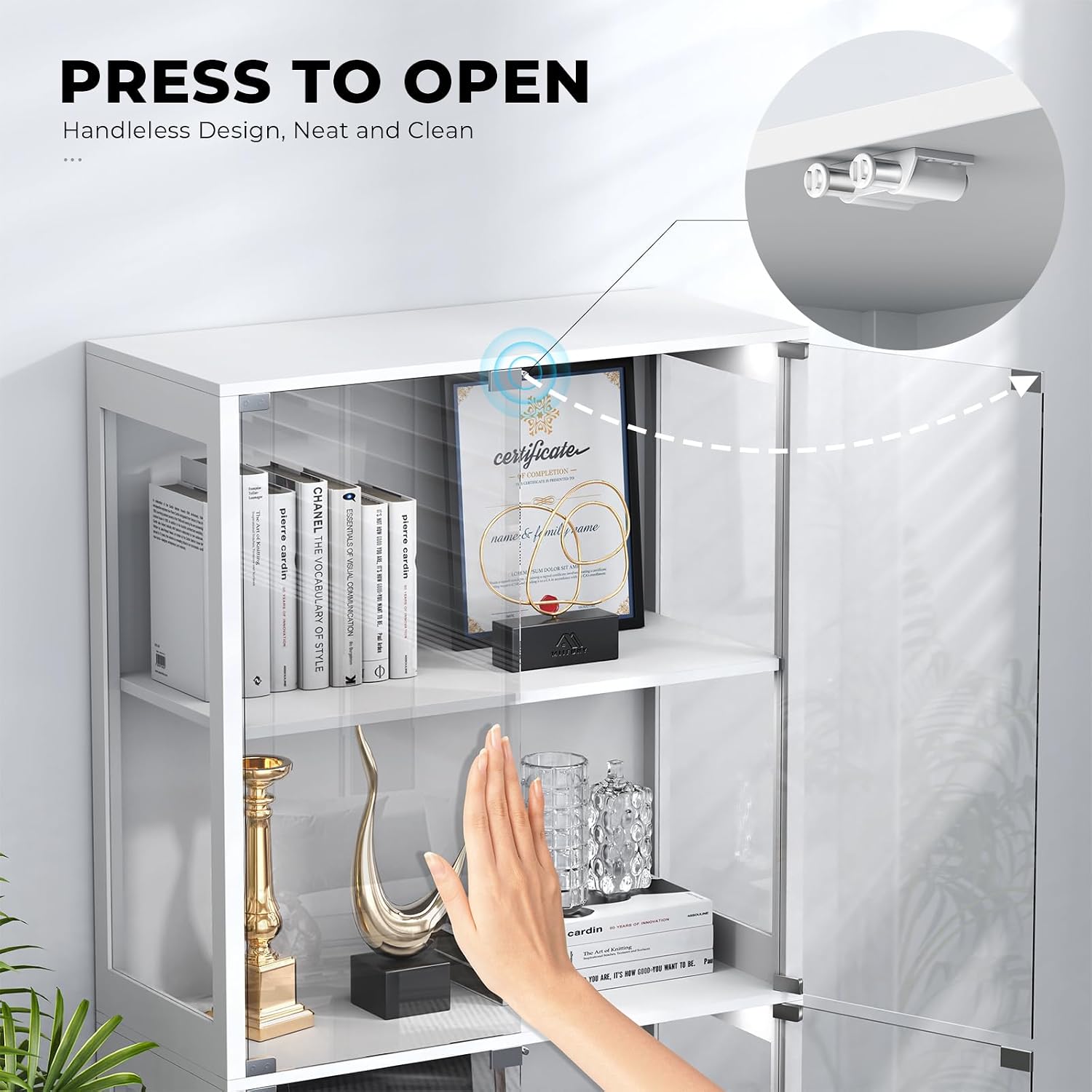 BROTTAR Display Cabinet with Glass Doors, 4-Tier Curio Cabinet with 3 Color Lights for Collectibles, Glass Display Case with Human Body Sensor, Bookcase with 4 Shelves, Storage Cabinets, White