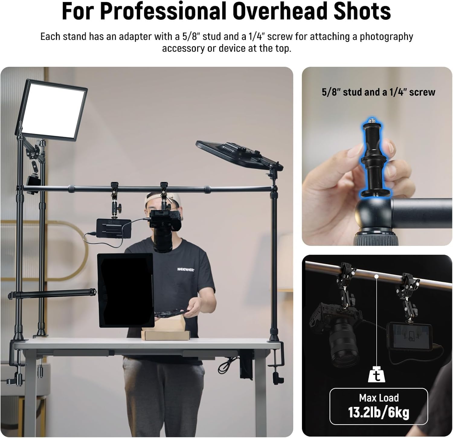 NEEWER Overhead Camera Mount Rig with Dual Ball Head Super Clamp/Phone Holder/C Clamp for Desktop Top Down Shots, Metal Multi Device Mount Platform for Photography Live Streaming Video Making, NK003