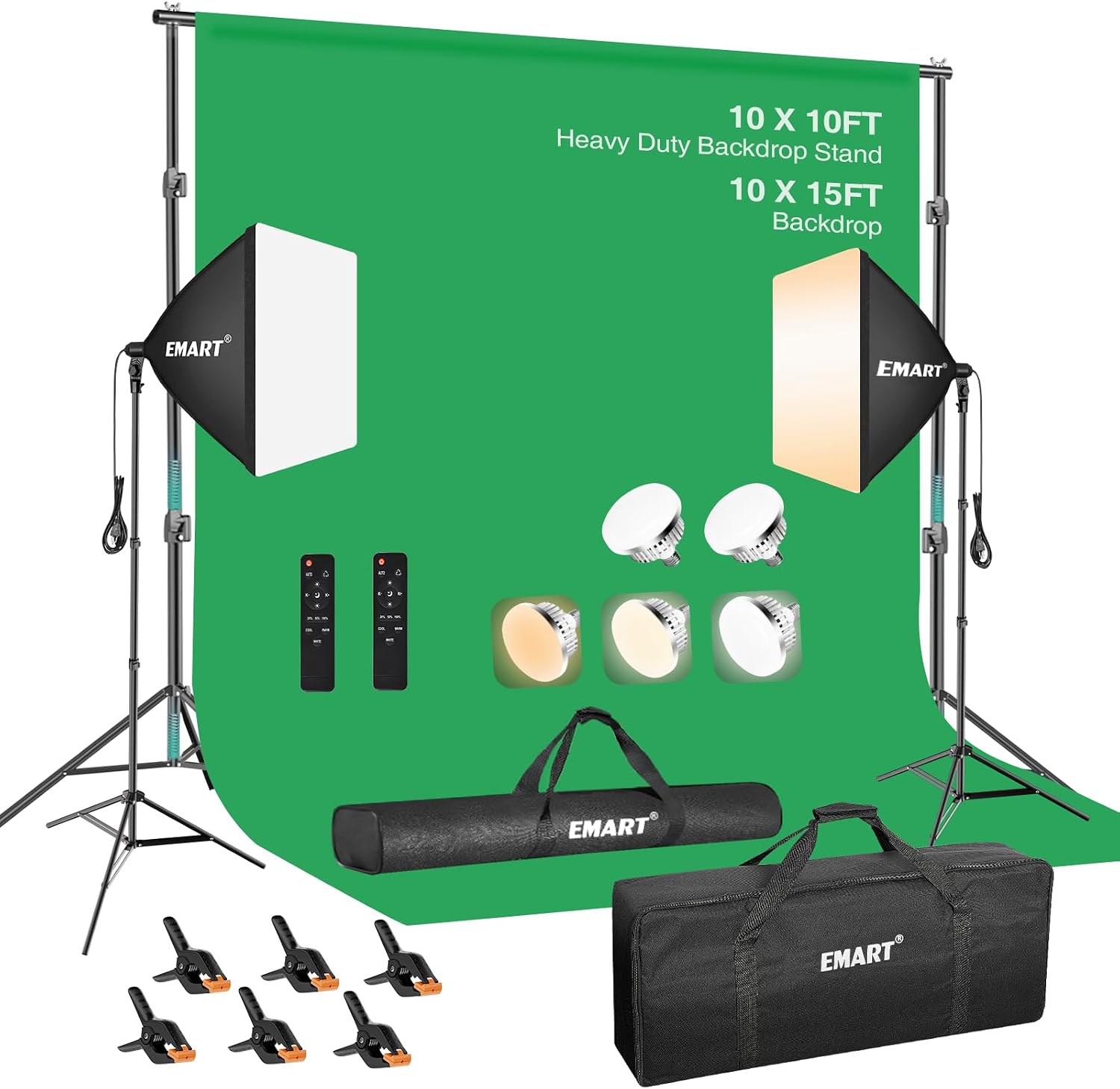 EMART Photography Lighting Kit, 10 x 10 FT Backdrop Stand Heavy Duty with 10 x 15 FT Backdrop, Softbox Lighting Kit with 85W 3000K-6000K LED Bulbs, Professional Studio Lights for Portrait, Video Shoot