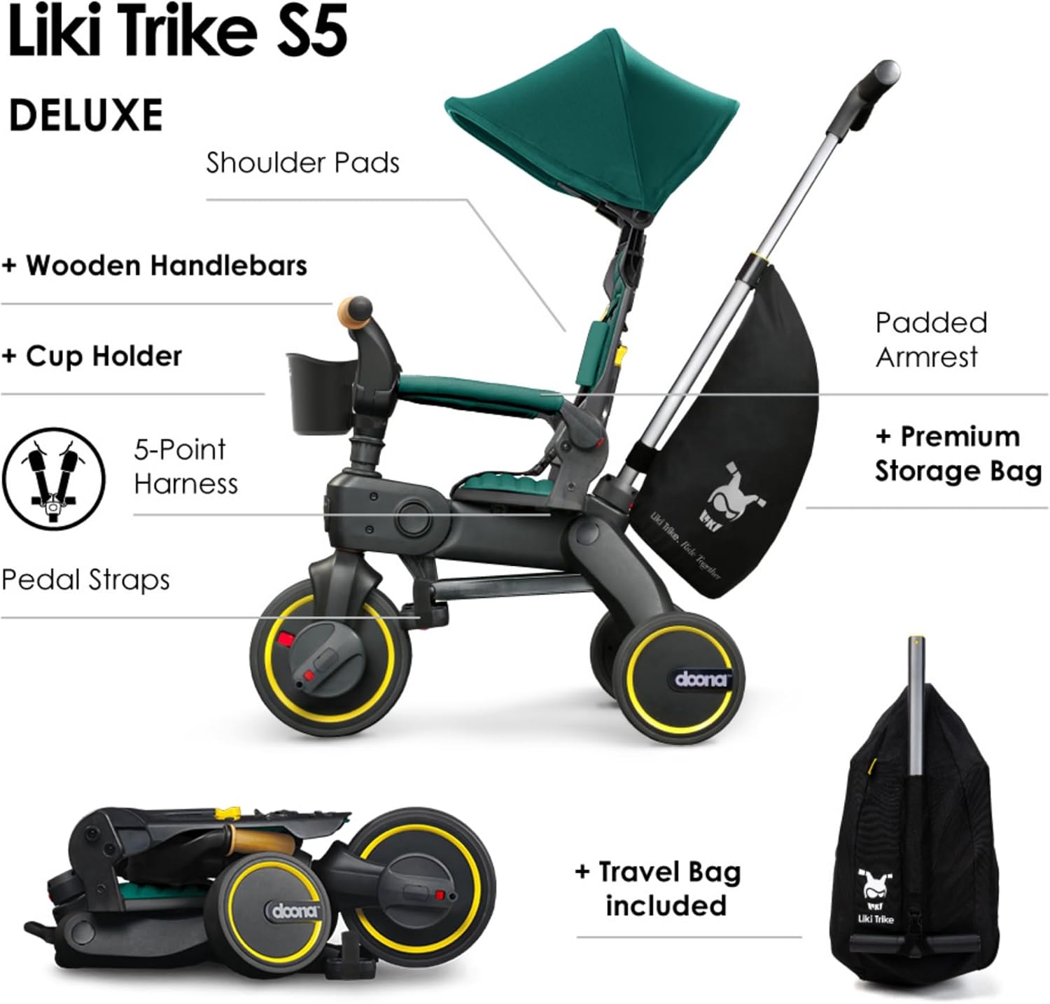 Doona Liki Trike S5, Racing Green - 5-in-1 Compact, Foldable Tricycle - Suitable for Toddlers 10 to 36 Months