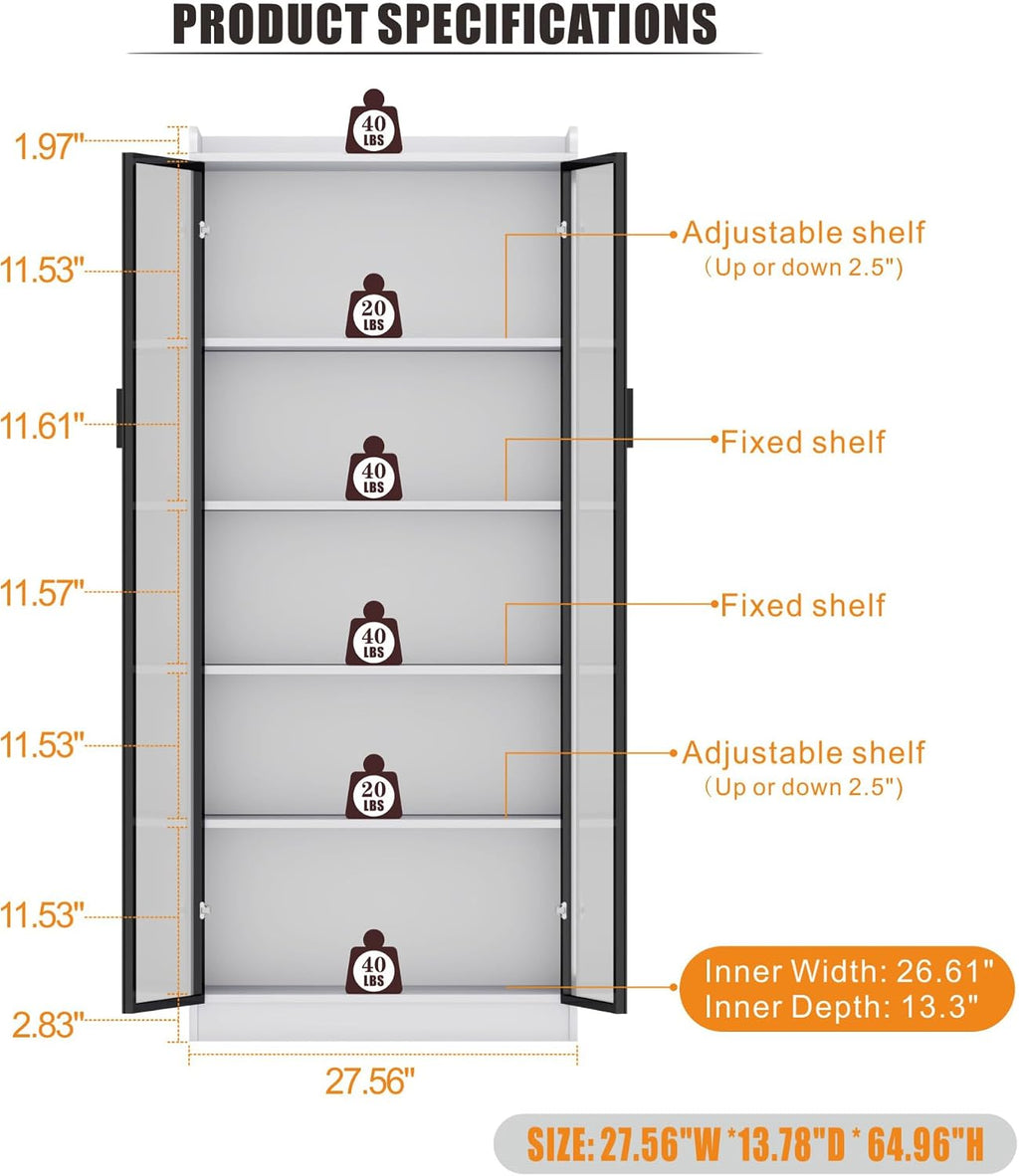 Dystler Display Cabinet with Doors and Adjustable Shelves, 65' Tall Bookcase with LED Lights/Human Sensor, 5 Tier Display Case for Collectibles Bedroom Living Room Office, White