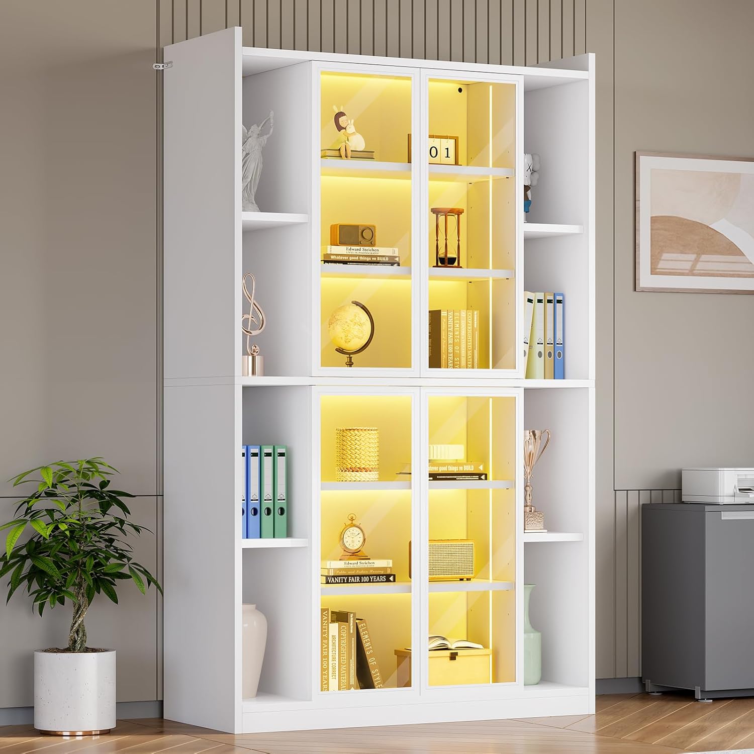 SEDETA 71' Display Cabinet with Acrylic Glass Doors, 6 Tier Curio Cabinet with LED Lights, Tall Bookcase with Adjustable Shelves, Display Cases for Collectibles, Bedroom, Living Room, Office, White