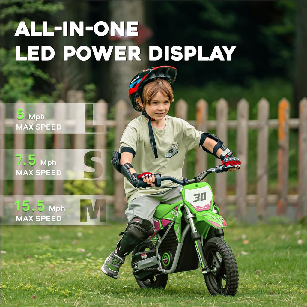 AIII 36V Electric Dirt Bike for Kids 3-8, High Performance 250W Racing Grade Motorcycle, Up to 15.5MPH, 3 Speed Settings, 12-Inch Off-Road Tires, Rear Disc Brakes & Advanced Shock Absorption, Green