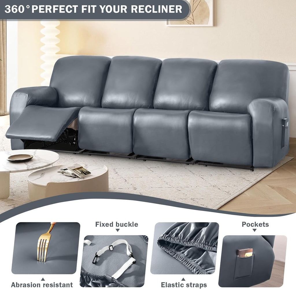 vctops 10 Pieces Waterproof Faux PU Leather Recliner Sofa Covers Stretch Soft 4 Seats RV Couch Cover Anti-Slip Sofa Slipcover Furniture Protector with Elastic Bottom for Kids Pet(Grey,4 Seat)