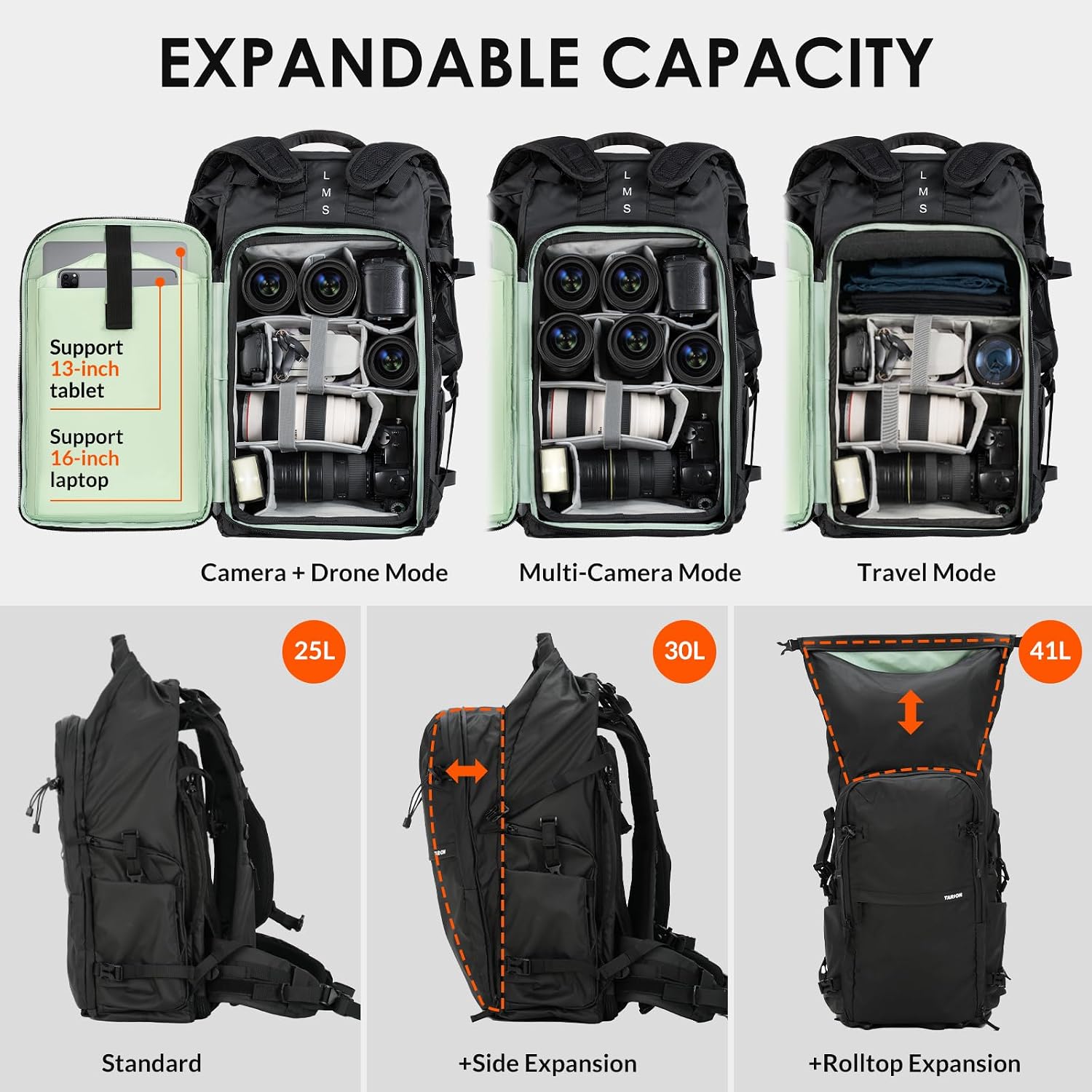 TARION Large Camera Backpack for Photographers - 35L Expandable DSLR Waterproof Camera Bag with 16' Laptop Compartment & Side Access & Adjustable Waist Strap & Rain Cover (Xprober)