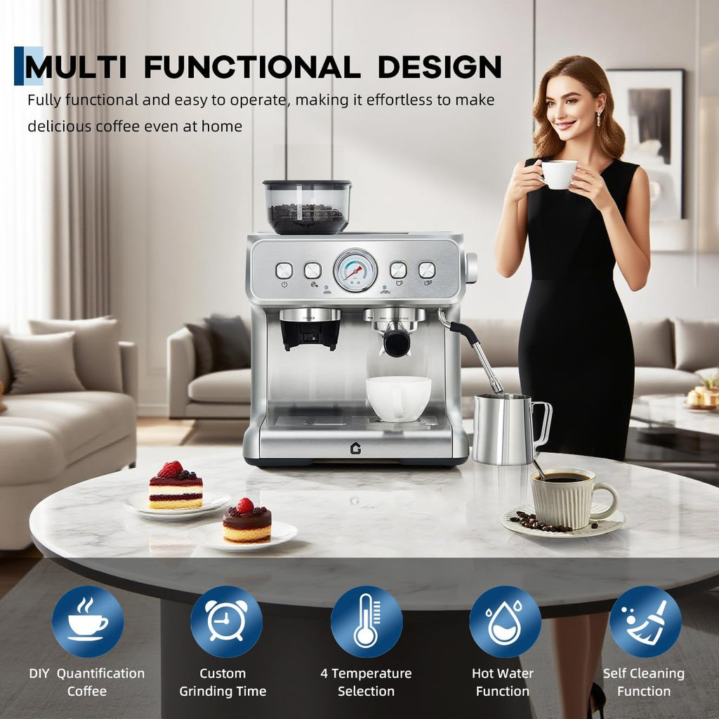 Garvee Stainless Steel Espresso Machine with Grinder & 20 Bar Pressure, 2.8L Removable Water Tank, Milk Frother Steam Wand for Latte/Cappuccino - Adjustable Shot Volume, Professional Home/Office Use