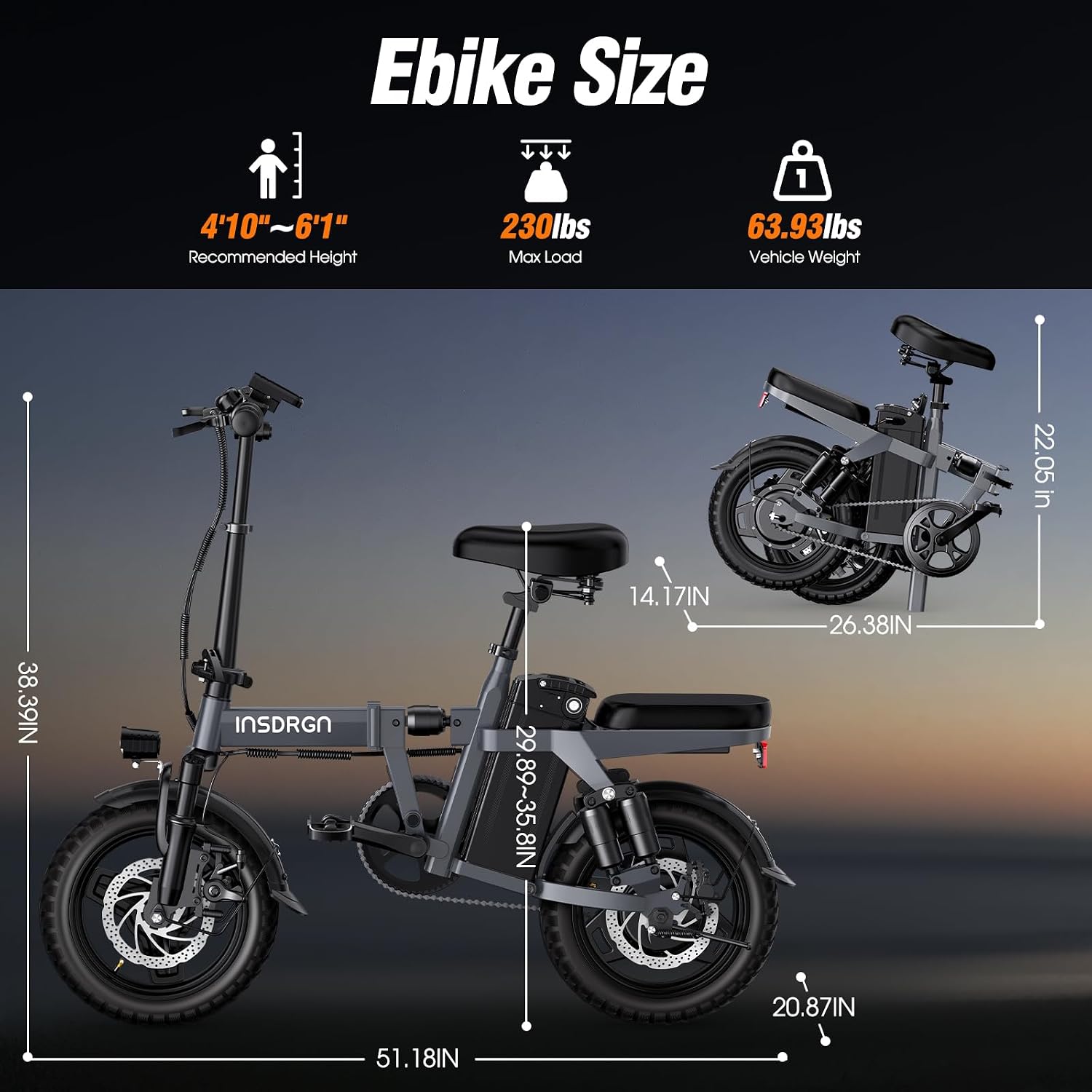 INSDRGN Electric Bike for Adults and Teens, 14' Folding E Bikes, 650W Peak Motor, 48V 499Wh/768Wh Removable Battery, 28-50 Miles PAS Range, 20MPH Electric Mountain Bike, 9 Shock Absorbers, UL 2849