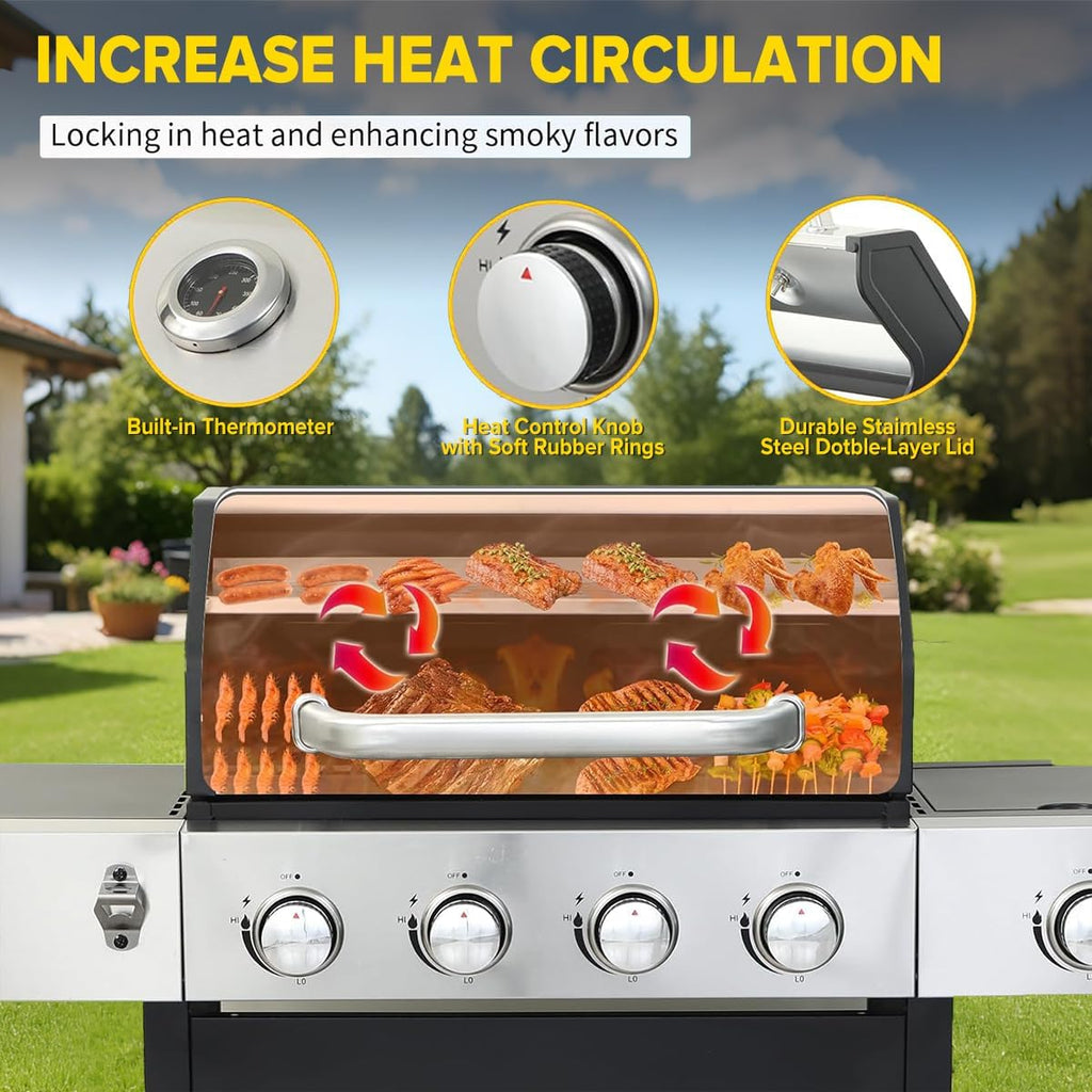 CiG Garden 4 Burner Propane Gas Grill with Side Burner, 52,000 BTU BBQ Grill with Lid Cast Iron Grates and Double-layer Stainless Steel, Outdoor Barbecue Grill Perfect for Balcony, Backyard, Camping