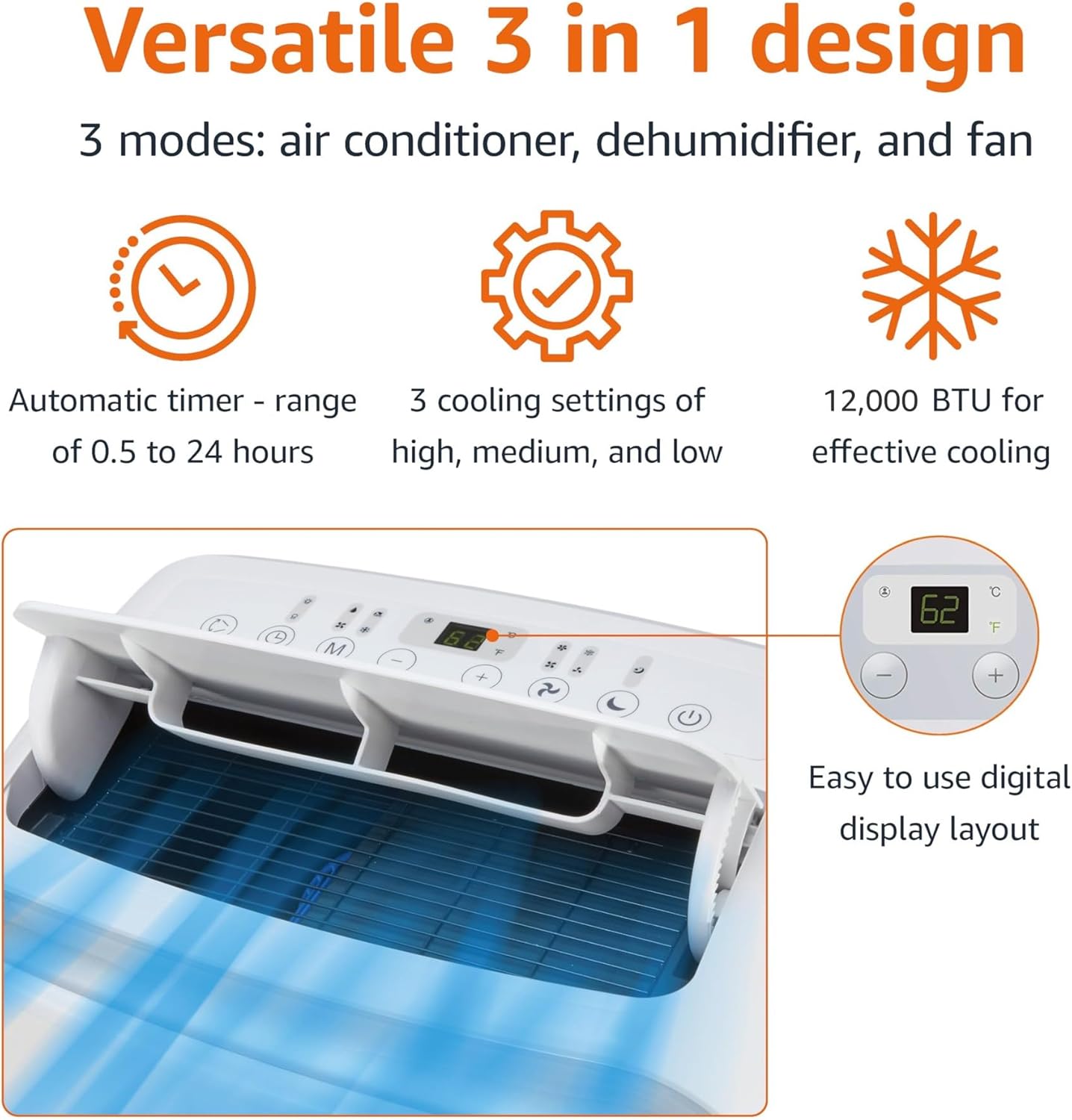 Amazon Basics 3-In-1 Portable Air Conditioner with Follow Me Remote, Timer, Sleep Mode, Auto Swing, Dehumidifier, 12000 BTU (ASHRAE), Cools Up to 550 Sqf Bedroom, White