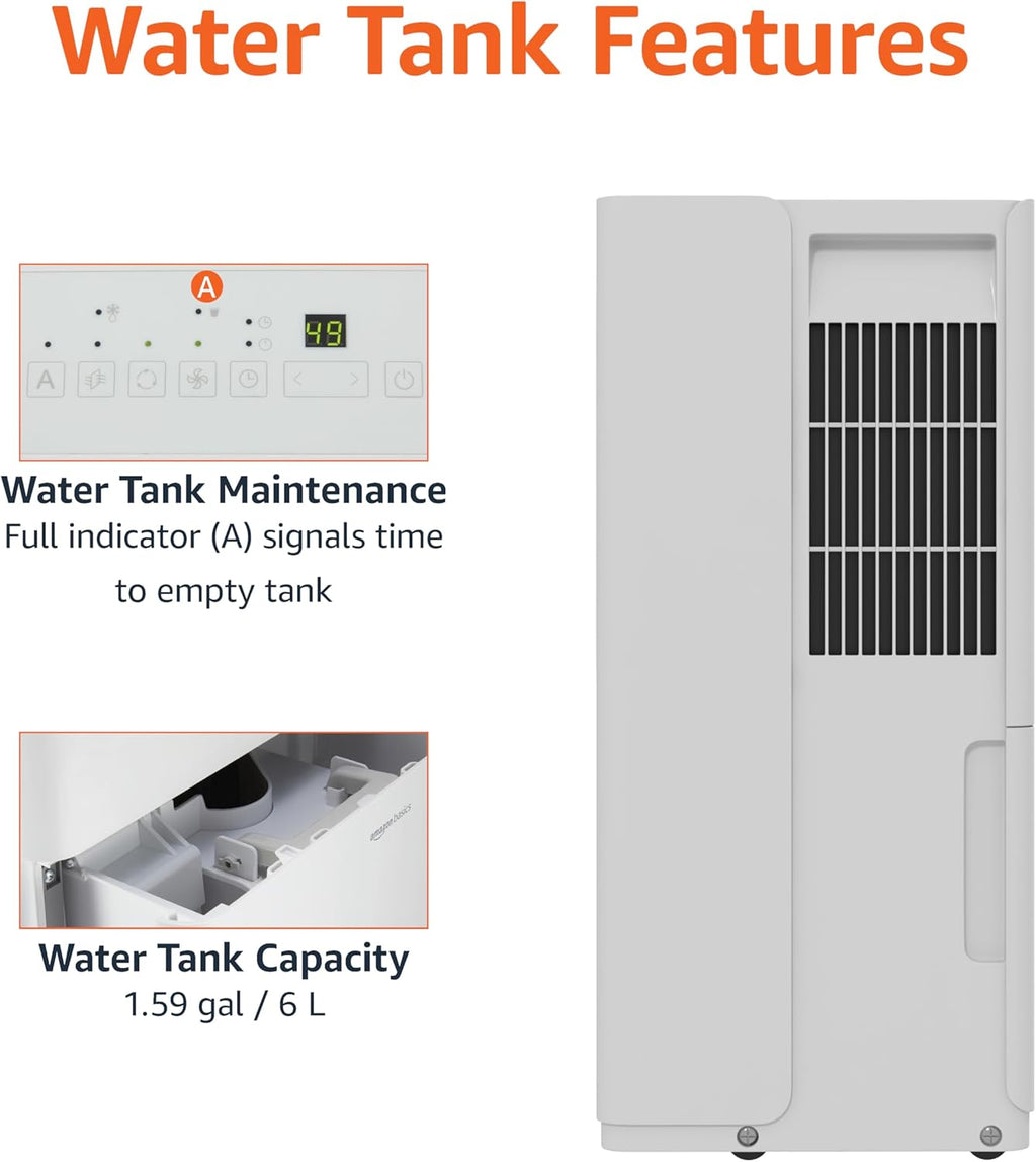 Amazon Basics 50-Pint Large Dehumidifier with Pump, Energy Star Certified, Humidity Control, Auto-Defrost, Timer, Overflow Protection for Rooms up to 4000 SFT, White