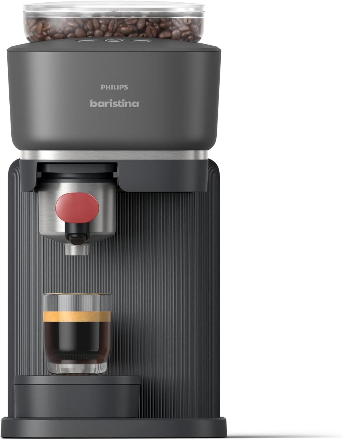 Philips Baristina Espresso Machine, Grind, Tamp & Brew Coffee Beans in One Swipe, Compact, 16 Bar Pump Pressure, Automatic Grinder, Black with Berry Red Portafilter (BAR301/60)