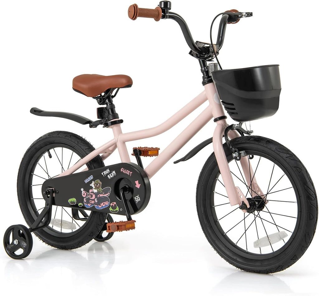 BABY JOY Kids Bike, 12' 14' 16' 18' Tank Bear DIY Children's Bicycle with Training Wheels, Storage Basket, Adjustable Handlebar & Seat, Handbrake & Coaster Brake, Girls Boys Bike
