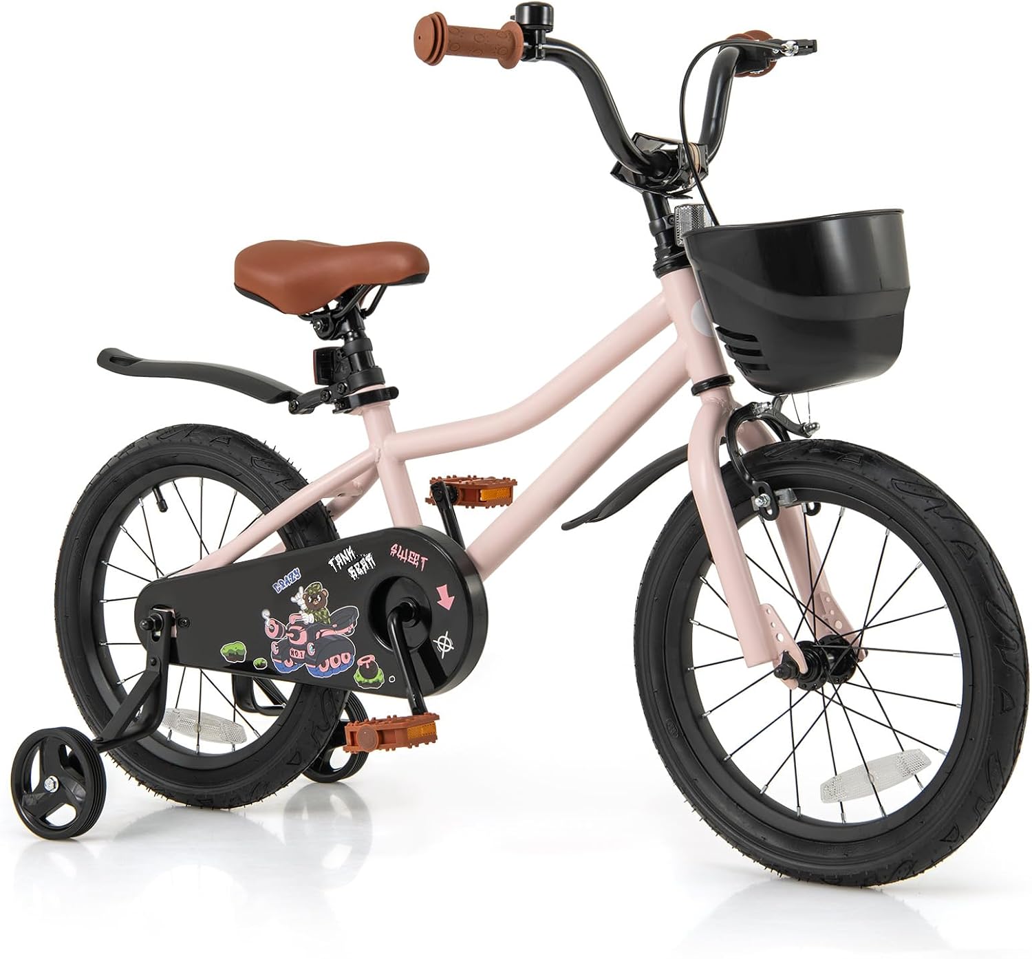 BABY JOY Kids Bike, 12' 14' 16' 18' Tank Bear DIY Children's Bicycle with Training Wheels, Storage Basket, Adjustable Handlebar & Seat, Handbrake & Coaster Brake, Girls Boys Bike