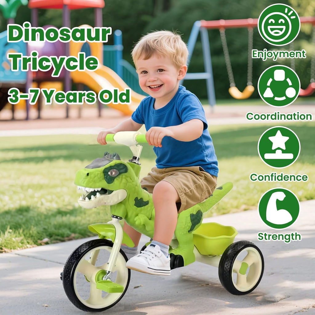 Dinosaur Kids Tricycle for Ages 3-7 Years, Kids Trike Bike Big Wheel with Rubber Wheels, Storage Basket and Music Light, Indoor Outdoor Preschool Kids Bike, Gift for Ages 3-7 Girls & Boys