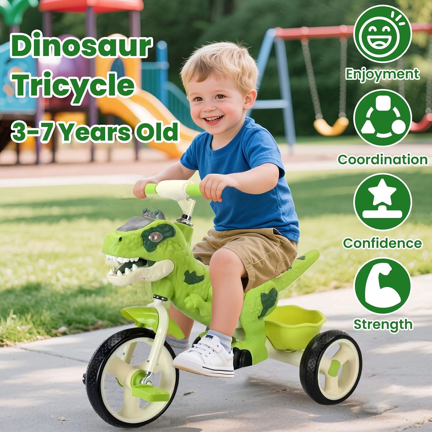 Dinosaur Kids Tricycle for Ages 3-7 Years, Kids Trike Bike Big Wheel with Rubber Wheels, Storage Basket and Music Light, Indoor Outdoor Preschool Kids Bike, Gift for Ages 3-7 Girls & Boys