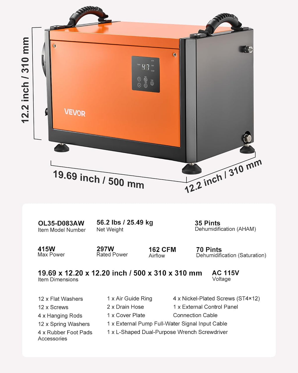 VEVOR 70 Pints Commercial Dehumidifier with Pump, Portable Crawl Space Dehumidifiers for Basement Storage Room Industrial, Auto Defrost/Drainage, Heavy-duty Galvanized Steel, with 2 Drain Hoses