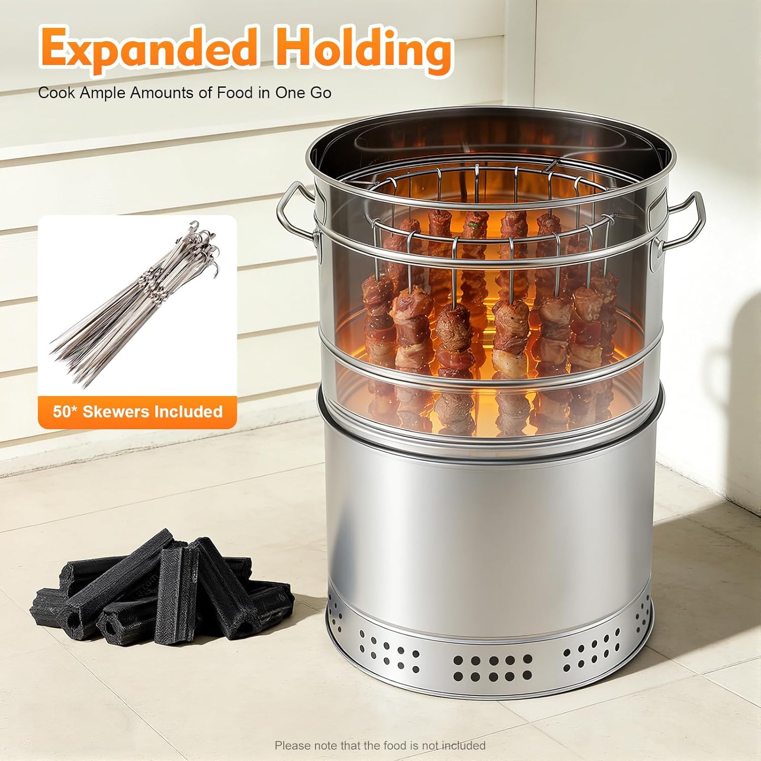 Portable Stainless Steel Charcoal Grill Barrel, 360°Smokeless BBQ Grill with Oil Tray, Large Camping Grill for Backyard, Travel and Patio Cooking, Barbecue Grill with 50 Skewers, Silver