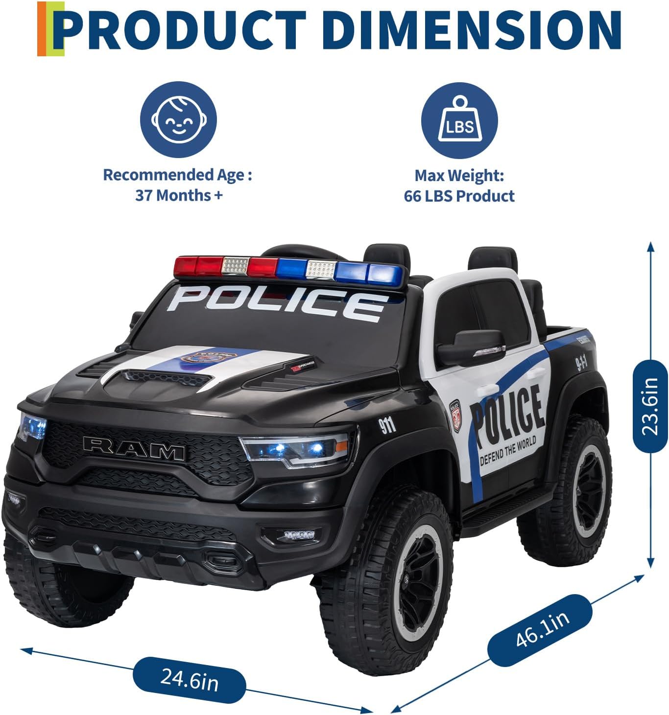 Garvee Ride On Car, Licensed RAM 12V Kids Ride On Police Car with Remote Control, Electric Pickup Truck for Toddlers, 3 Speeds, Spring Suspension, LED Lights & Parent Safety Lock