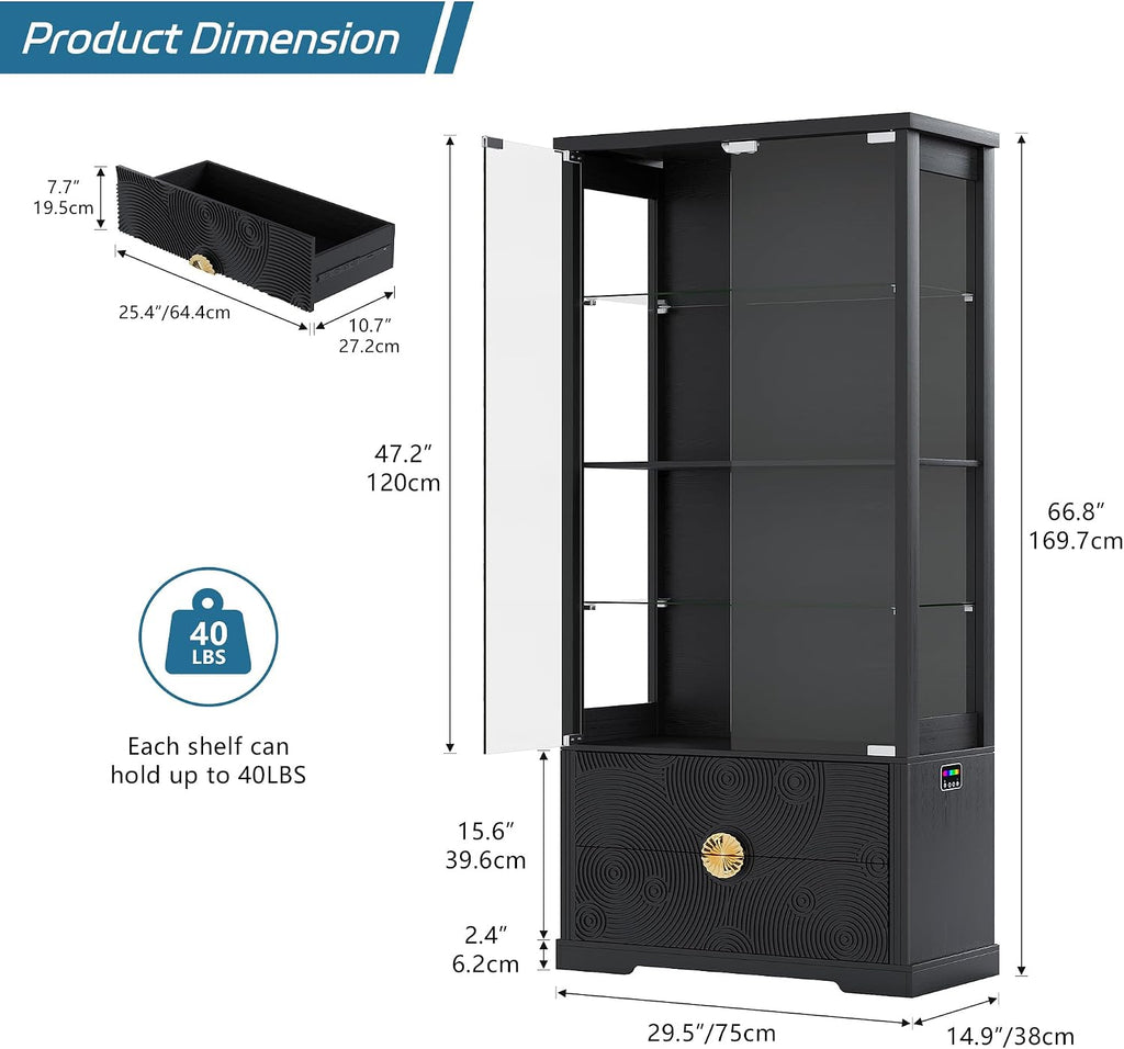TAGELIER RGB Glass Display Cabinet with Door, 4-Tier Curio Cabinet with 2 Drawers and Adjustable Glass Height Showcase, Display Case with 3 LED Light and Human Body Sensor, Black