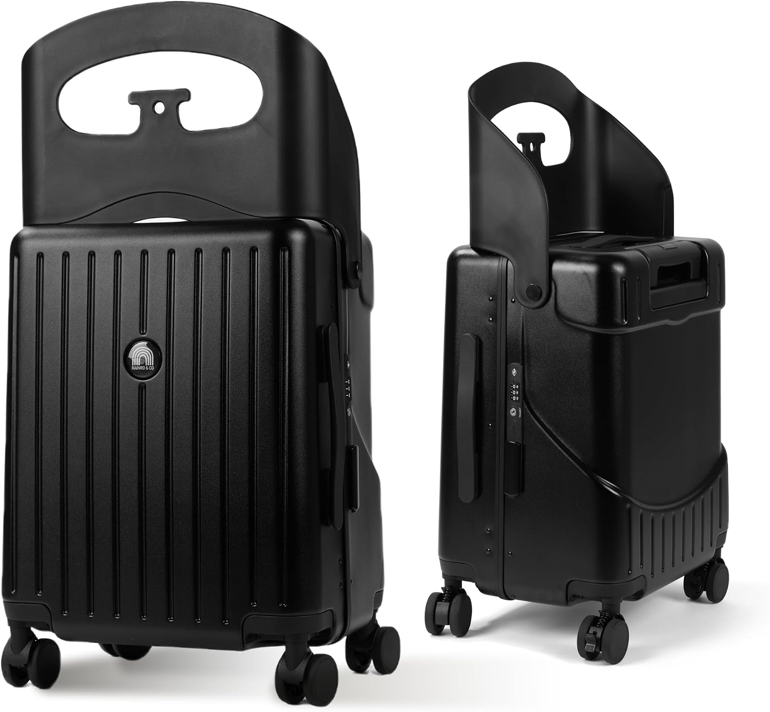 RAINRO & CO Obsidian Black 20' Ride-On Suitcase for Kids (Ages 3–5), Carry-On Luggage with Seat, Spinner Wheels, TSA Lock & Lightweight Durable Hardshell