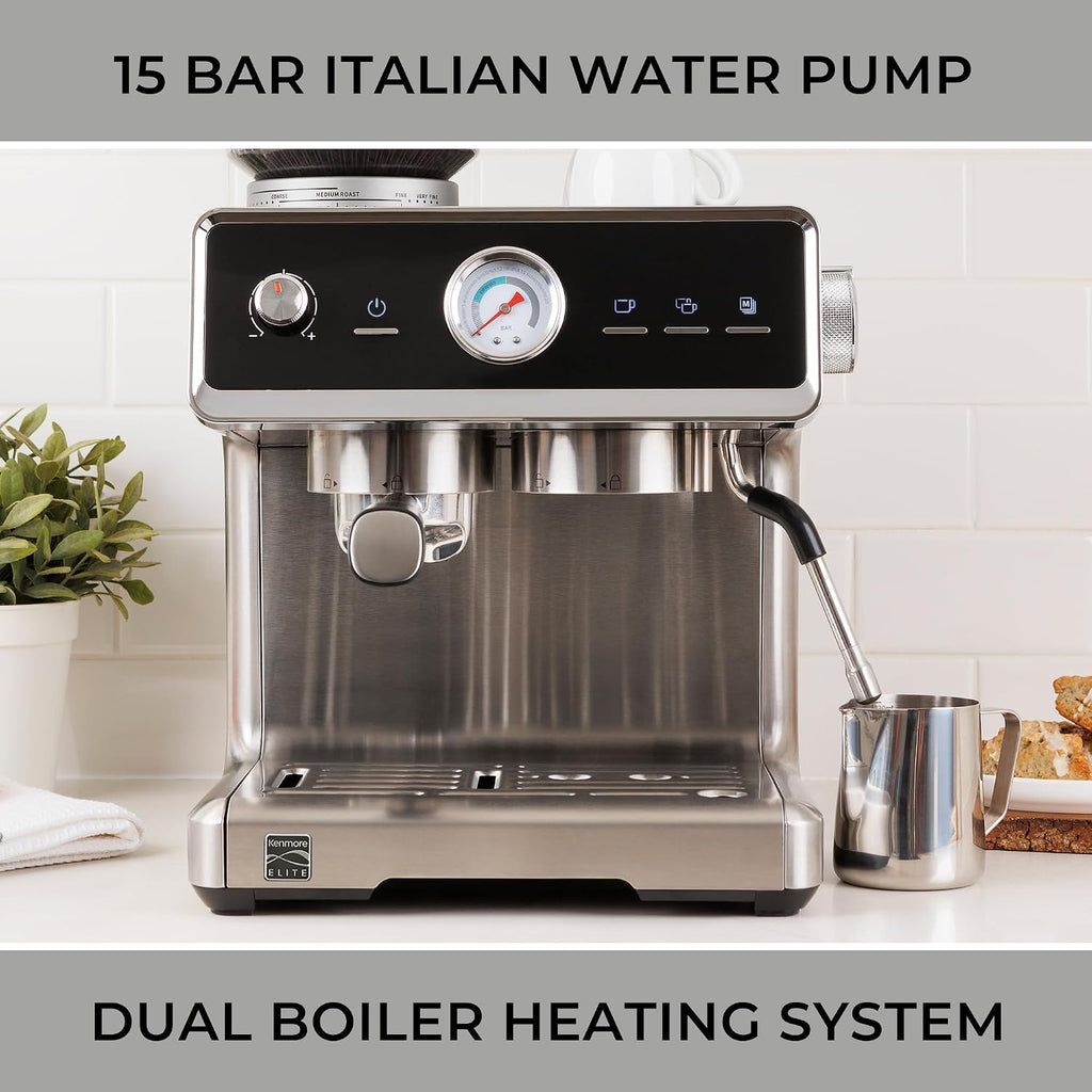 Kenmore Elite Espresso Machine – Automatic Coffee Maker with Auto Tamper, Auto Cleaning, Milk Steamer & Frother, Bean Grinder, Brew Professional Barista Style Cappuccino, Café Latte