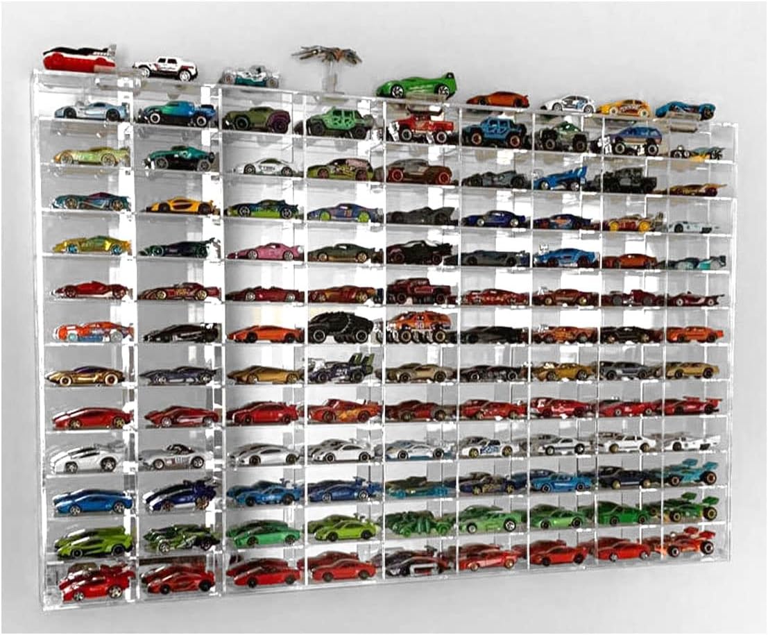 Clear Display Case Wall Cabinet for 1:64 Hot Small Toy Car Wheels Scale Matchbox Hot Toy Cars Collection Storage Display (108 Slots, 32' X 21')
