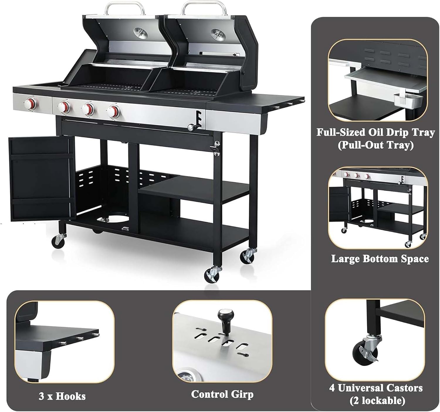 3 Burner Propane Gas and Charcoal Grill Combo with Side Burner & Porcelain-Enameled Cast Iron Grates, 37230BTU Output Dual Fuel Outdoor BBQ Grill for Patio Garden Picnic Backyard Barbecue Cooking