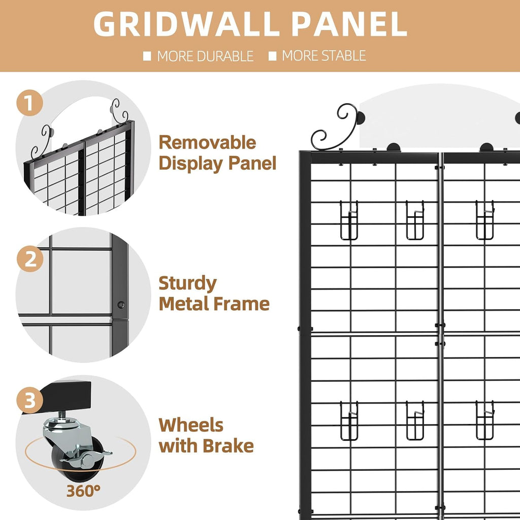 Urban Deco 3 Packs Grid Wall Panel Display Stand, 2.2' x 6.2' FT Gridwall Panel with Extra 24 Hooks, Craft Show Display Rack Black Metal Grids Standing Wire Rack for Retail Merchandise