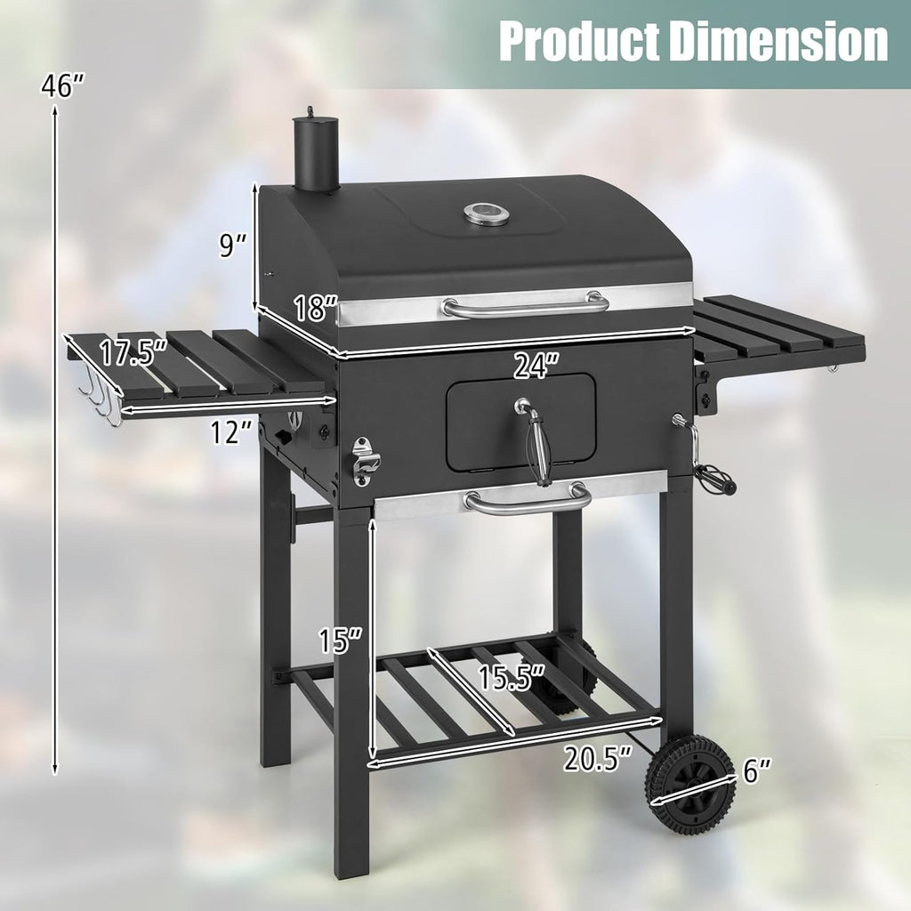 Giantex Charcoal Grill 24 inch, BBQ Grill with 2 Foldable Side Table, Adjustable Charcoal Tray, Pull-out Ash Tray, Heavy Duty Barbecue Grill with Wheels for Outdoor Cooking Camping Backyard Party