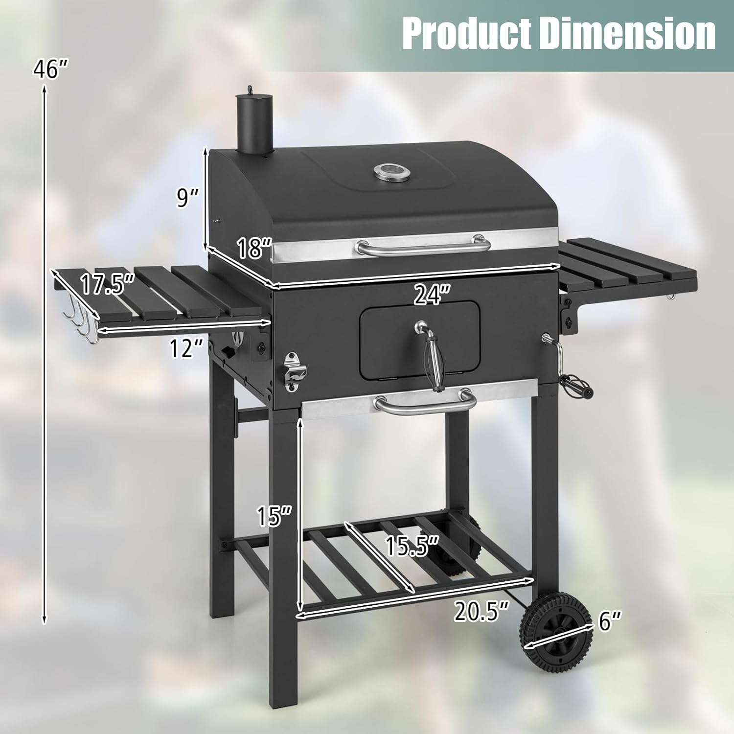 Giantex Charcoal Grill 24 inch, BBQ Grill with 2 Foldable Side Table, Adjustable Charcoal Tray, Pull-out Ash Tray, Heavy Duty Barbecue Grill with Wheels for Outdoor Cooking Camping Backyard Party
