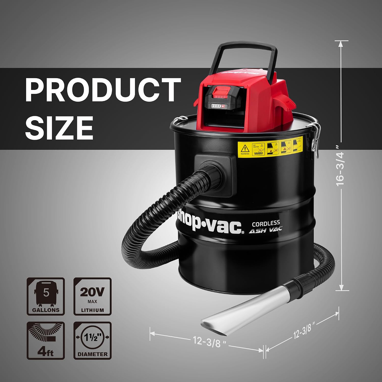 Shop-Vac 5430024 5 Gallon Cordless Ash Vac, 20V Battery, 1.5 in Diameter x 4 Ft Lock-On Hose, Stainless Steel Tank, Includes Blow Feature, Metal Nozzle and Crevice Tool